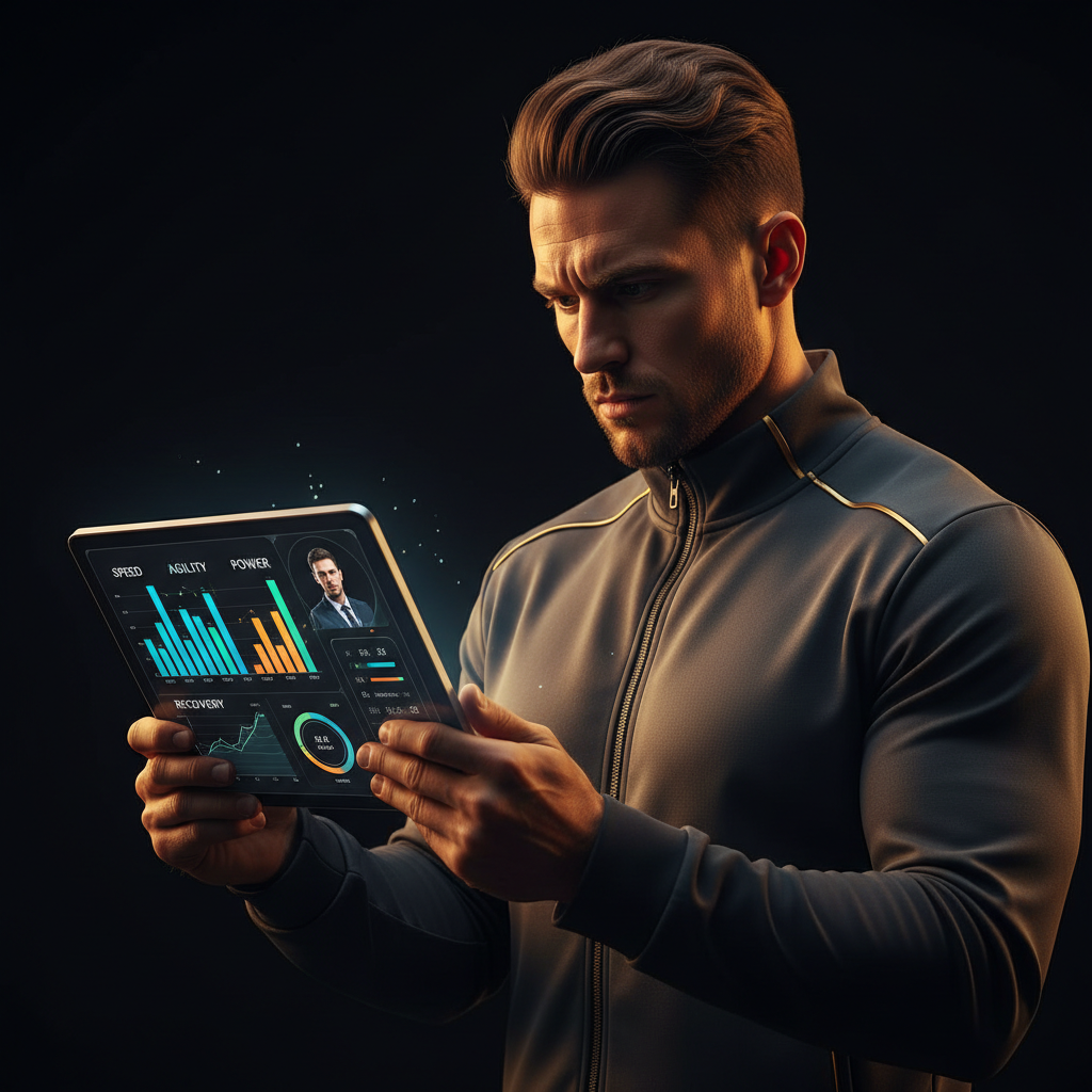 Athletic trainer reviewing performance data on tablet in a well-equipped professional gym, cool-toned lighting