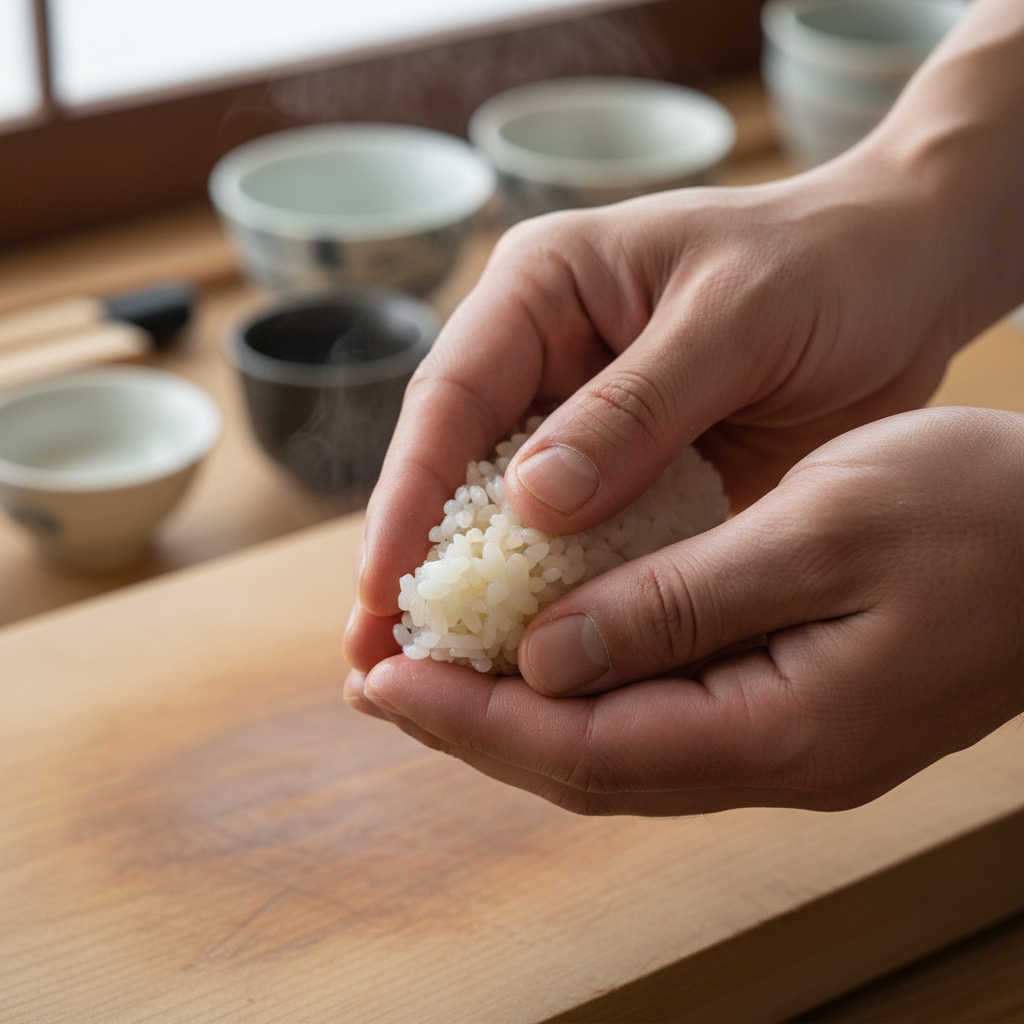 Chef palms pressing seasoned shari rice into oblong shape, steam rising from warm rice
