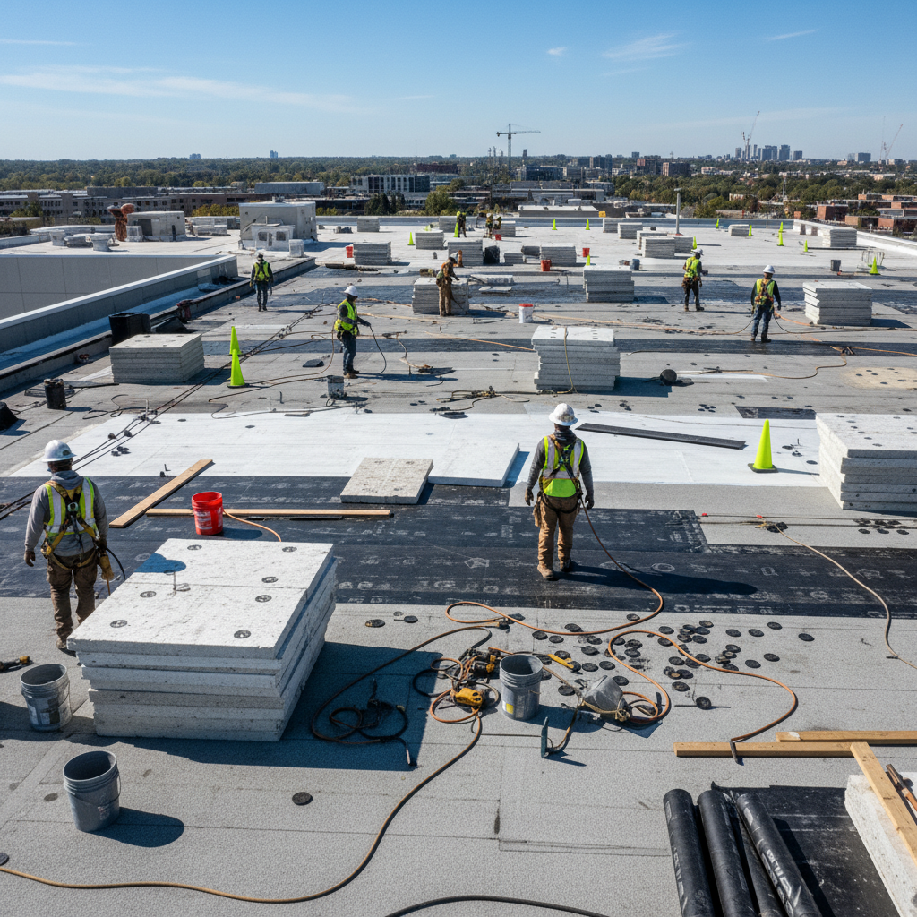 Construction site with workers and building materials, professional commercial setting