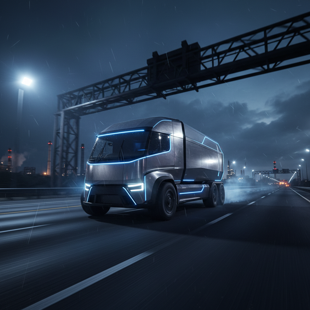 Heavy truck on dark highway at night, dim atmospheric lighting, deep shadows, industrial environment