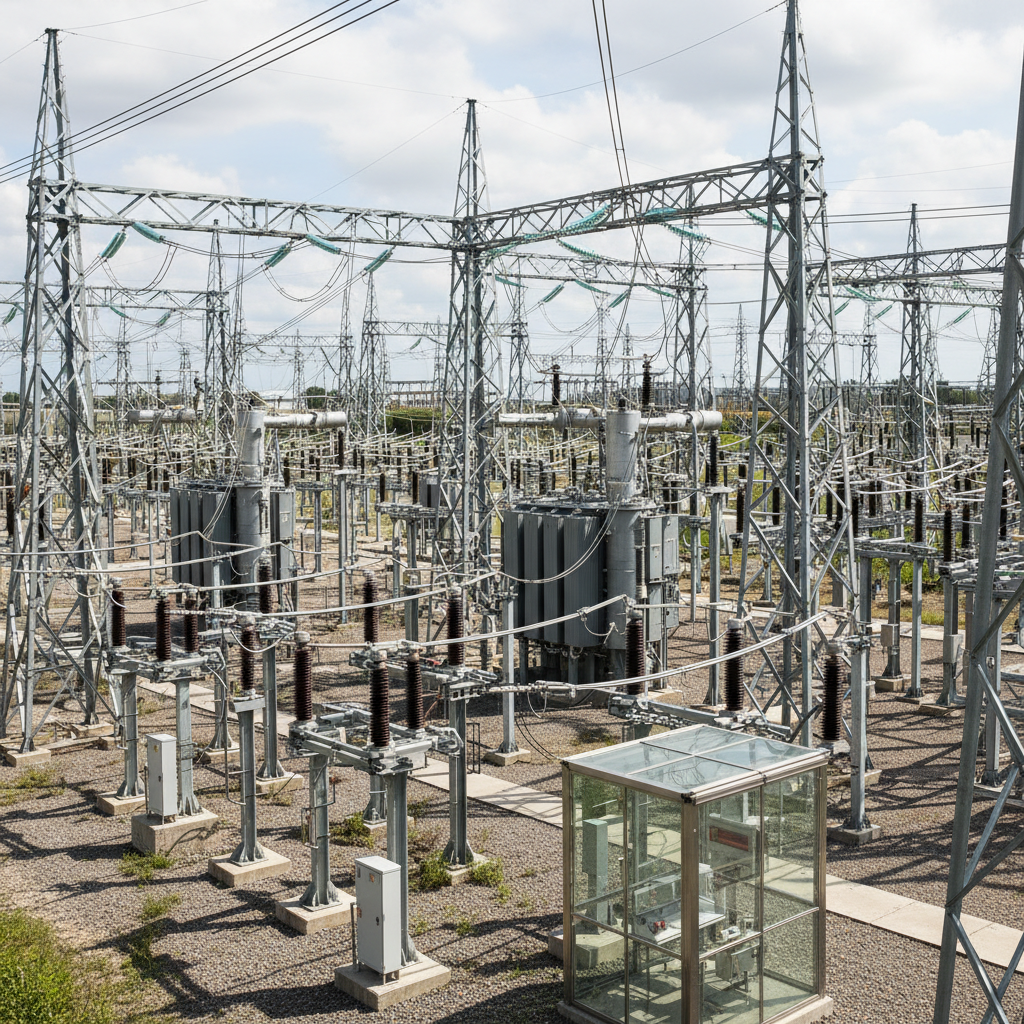 Electrical substation equipment, transformer units, switchgear panels, industrial power infrastructure, overcast sky