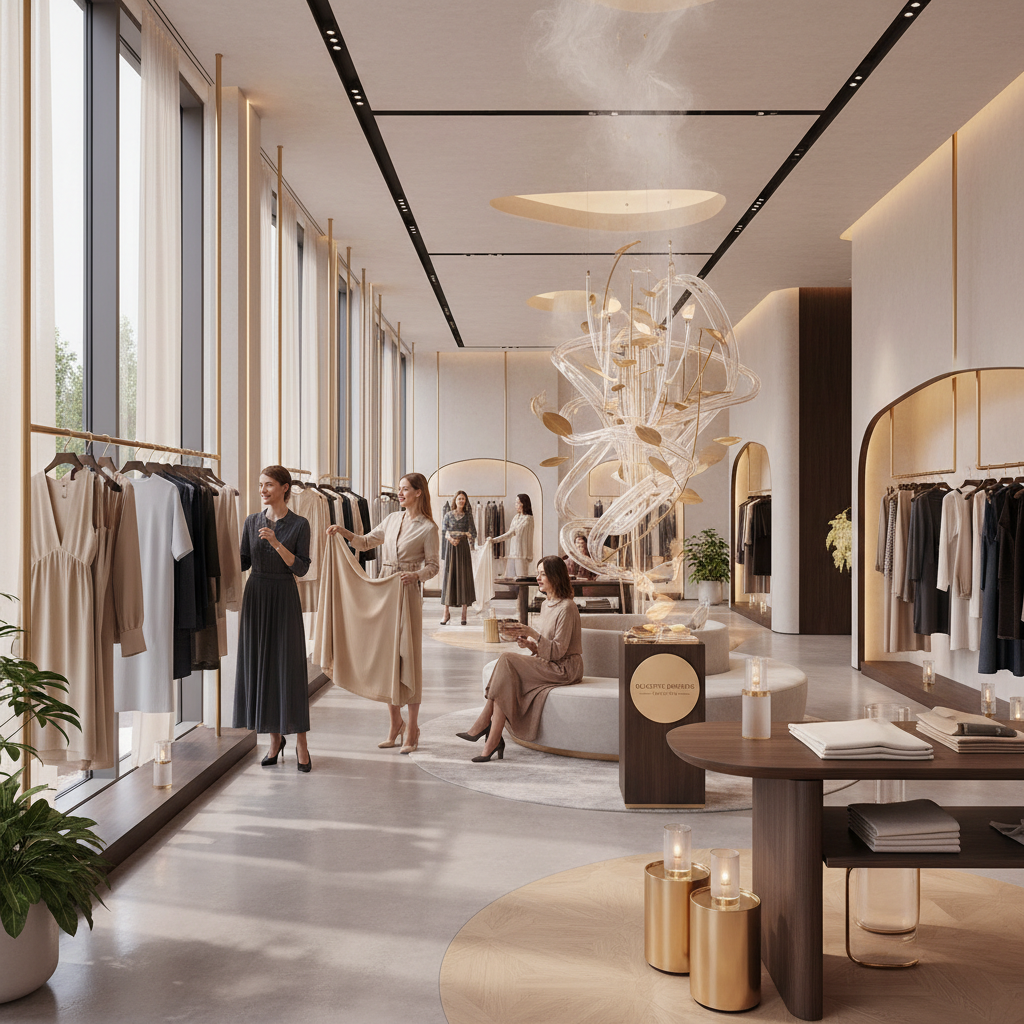 Interior de boutique moderna con ropa colgada elegantemente, luz suave y ambiente premium
