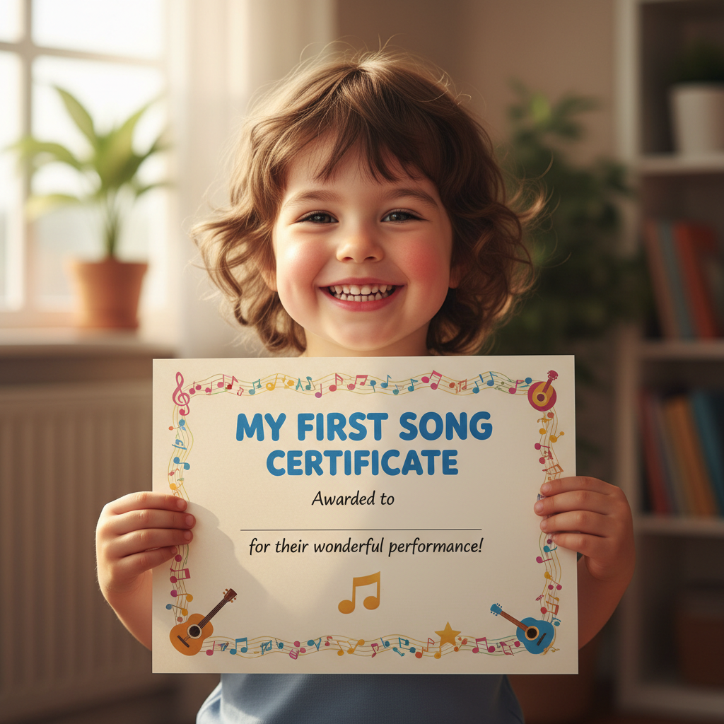 Child proudly holding their My First Song certificate