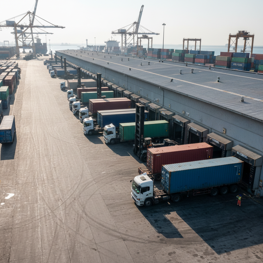 Industrial cross-dock terminal near port with container trucks and loading bays