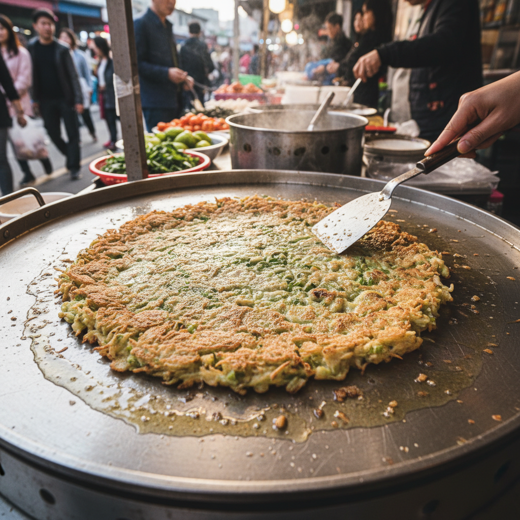 Korean mung bean pancake bindaetteok frying on flat iron griddle at market stall