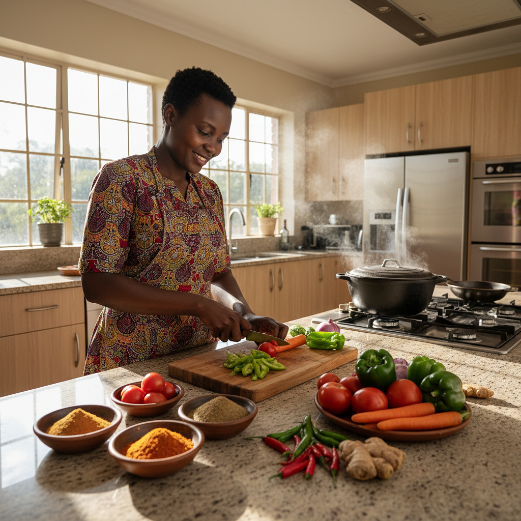 Kenyan kitchen with warm lighting and traditional cooking pots
