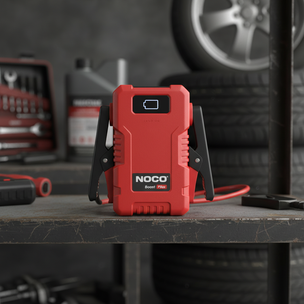 Black Bosch car battery with red and black terminals on a bright workshop shelf