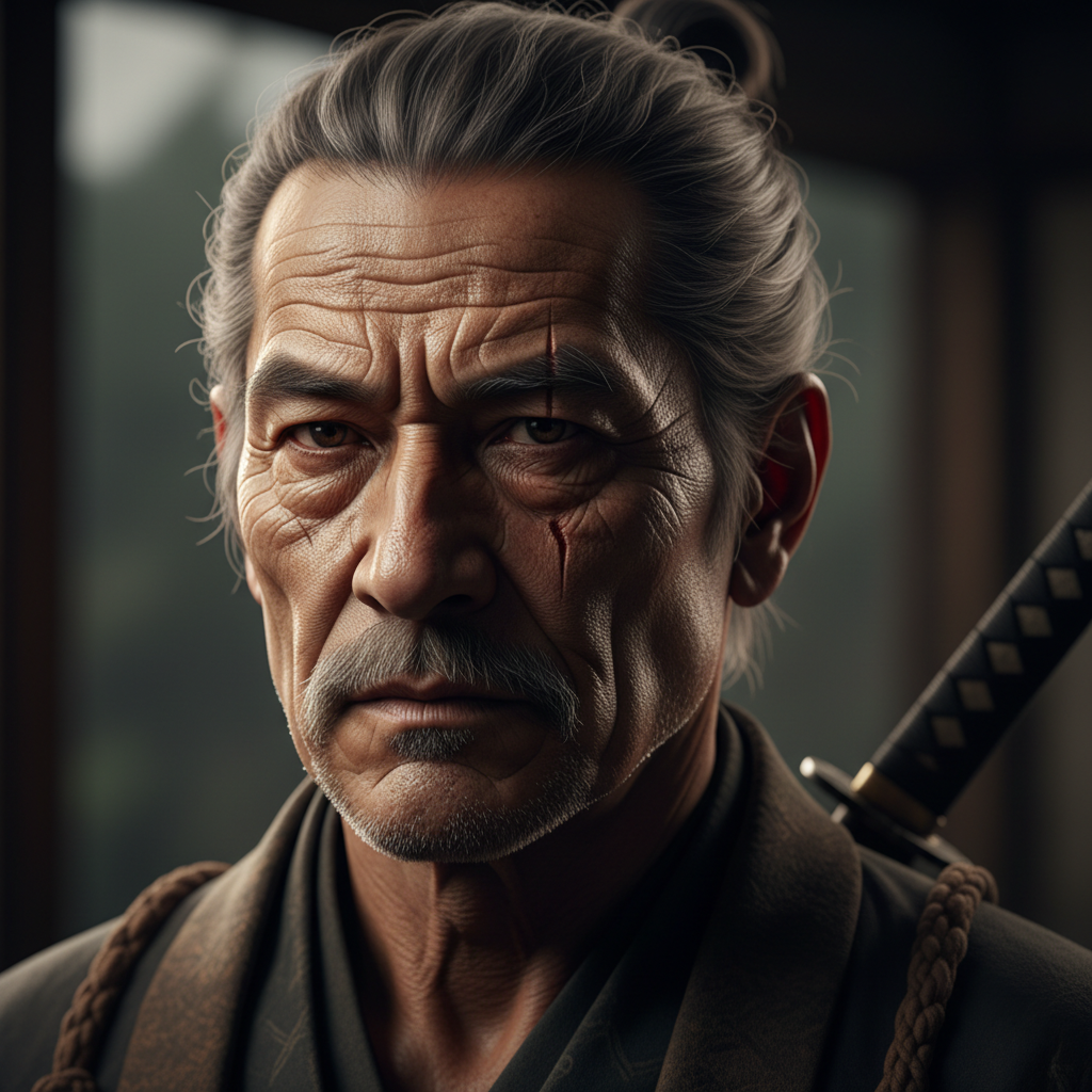 Close-up hyperrealistic portrait of an aged Japanese samurai warrior with weathered face and traditional armor