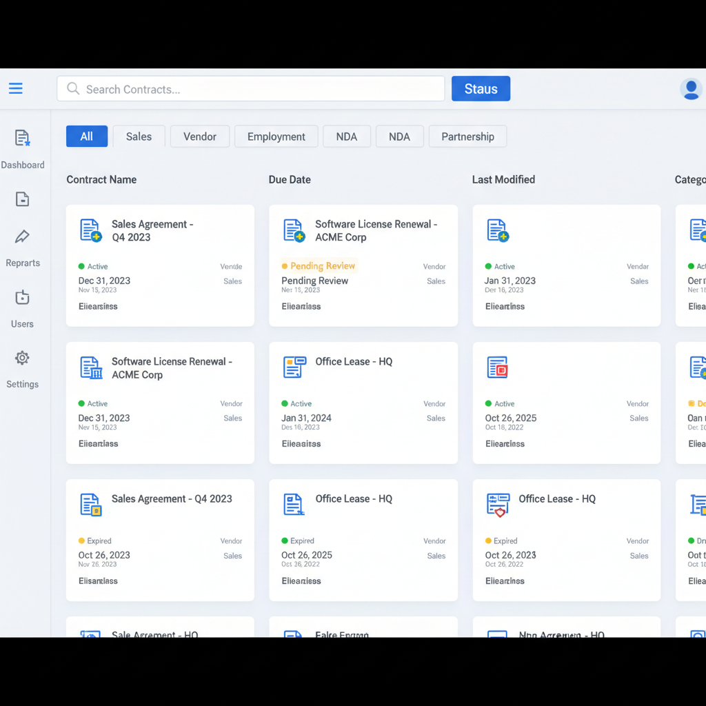 Contract repository dashboard showing organized list of contracts with search bar and category filters