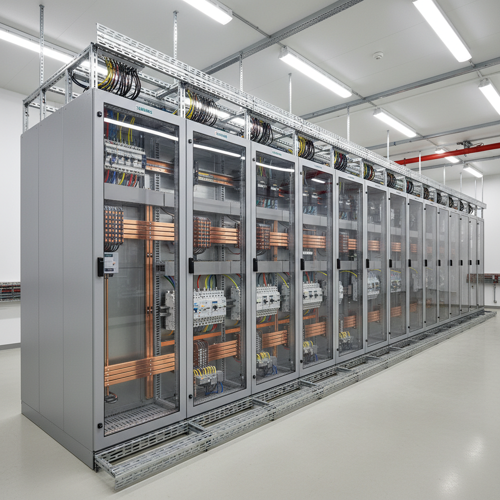 Large power control center switchboard with ACB circuit breakers and copper bus bars in a heavy industrial facility