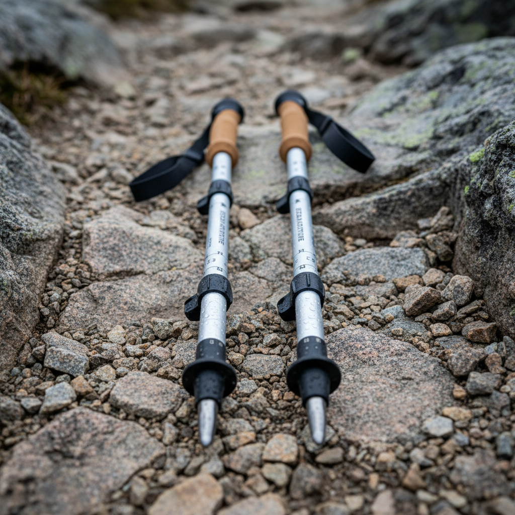 Aluminium trekking poles pair, collapsible, mountain hiking gear