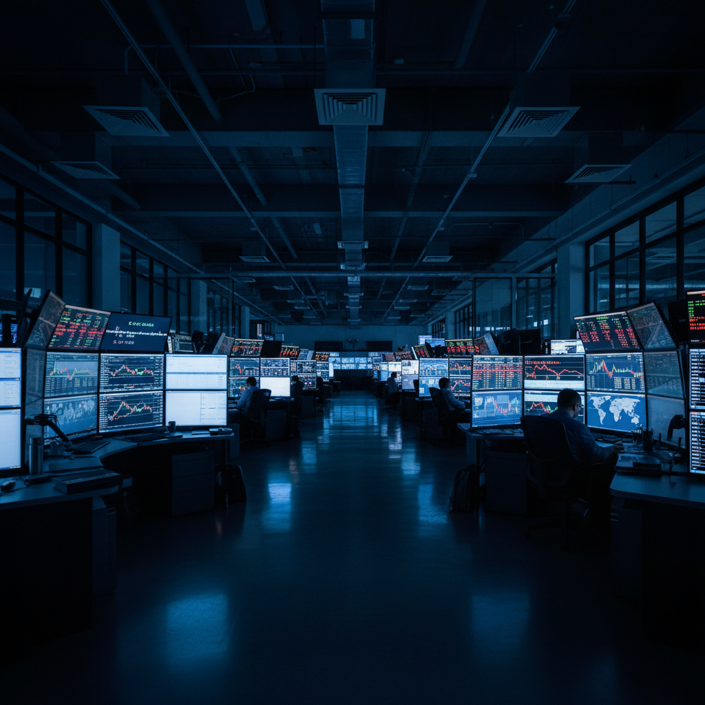 Financial trading screens showing market data, blue ambient light, professional trading environment