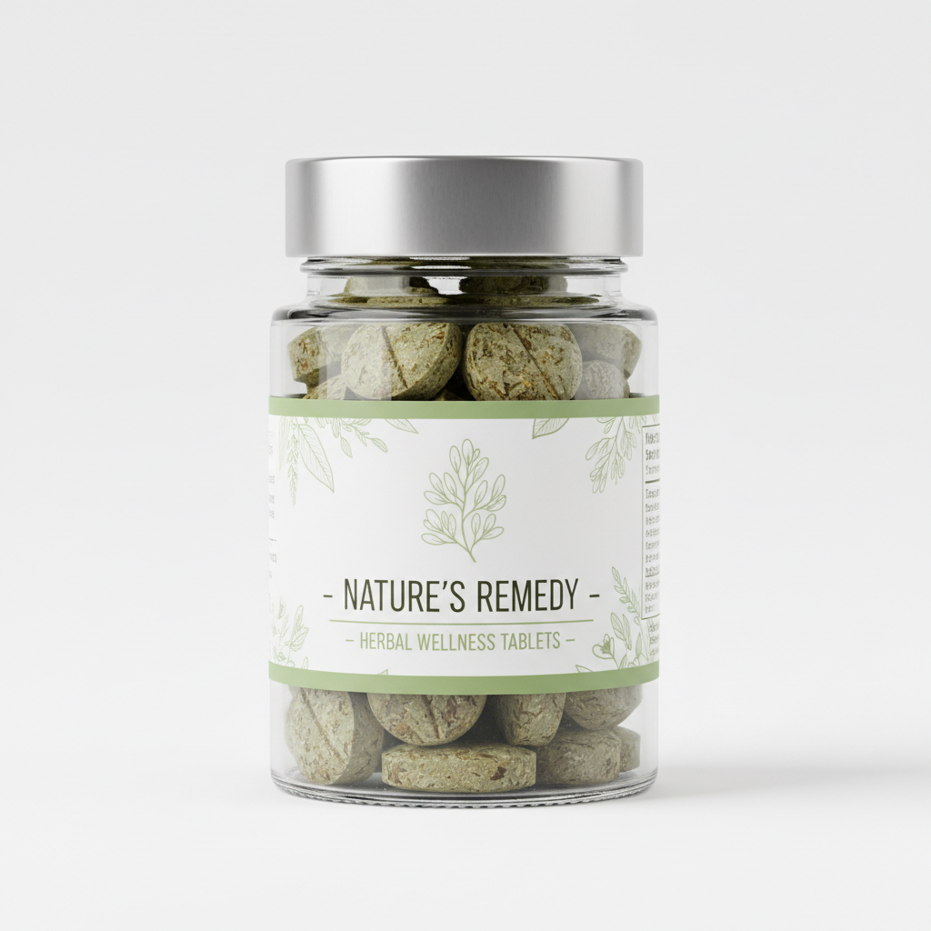 Produk kesehatan herbal alami dalam kemasan hijau elegan di latar putih bersih