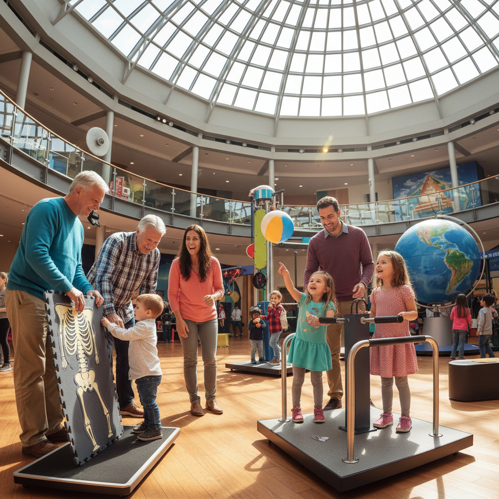 Happy family with grandparents and young children exploring a hands-on museum together
