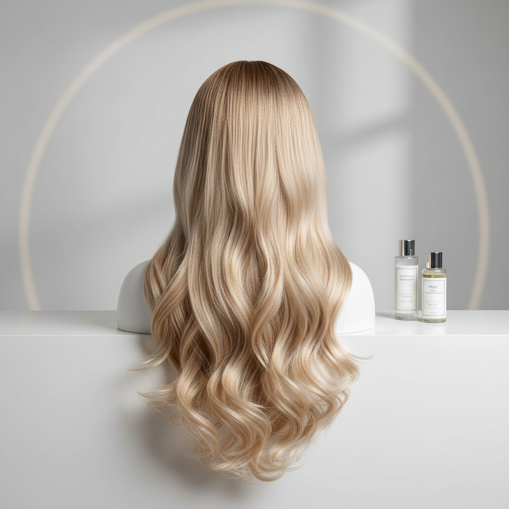 Honey blonde wavy lob wig worn by a model, soft studio lighting, warm tones