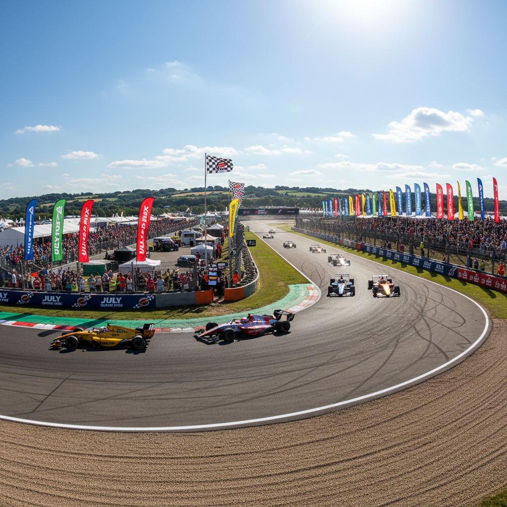 Formula 1 cars racing at high speed on circuit — dramatic wide-angle shot showing modern F1 aerodynamics and speed