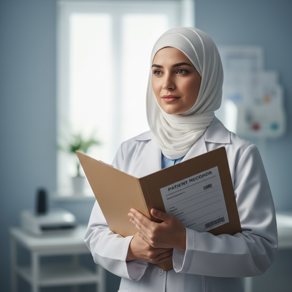 Dr. Fatima Al-Hassan, female doctor in hijab and white coat, professional medical portrait, clean bright background