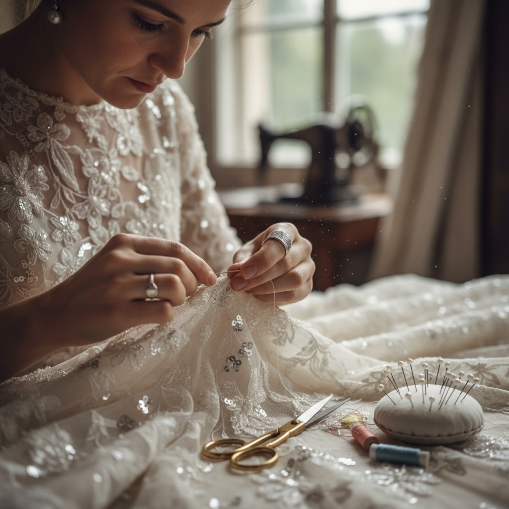 Seamstress hands pinning a lace hem on a vintage bridal gown restoration project