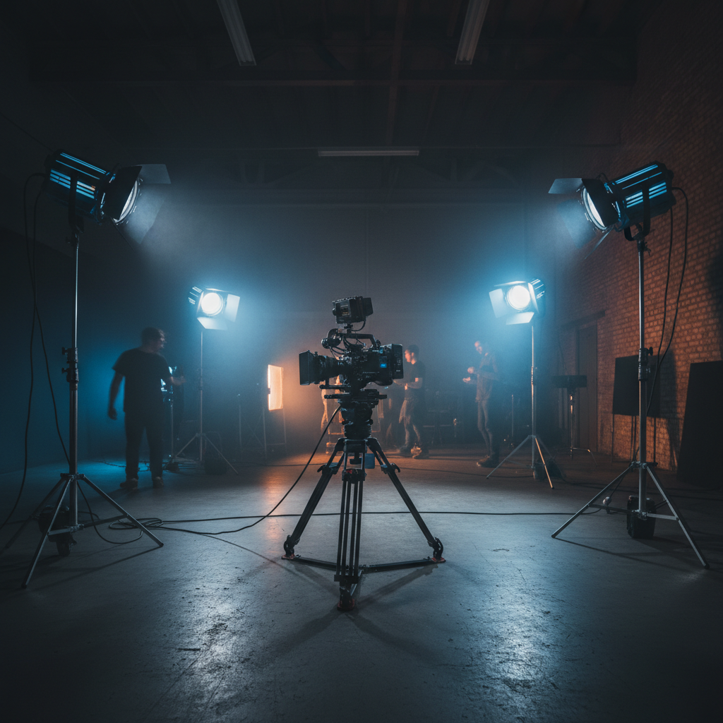Professional video production setup with cinematic camera and dramatic studio lighting