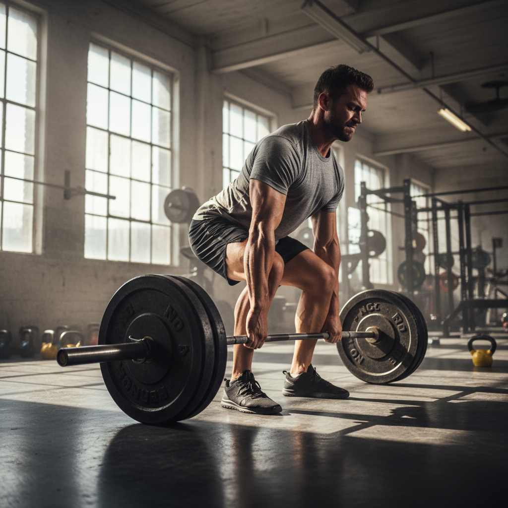 Raw training capture showing athlete mid-deadlift in gym environment with natural lighting