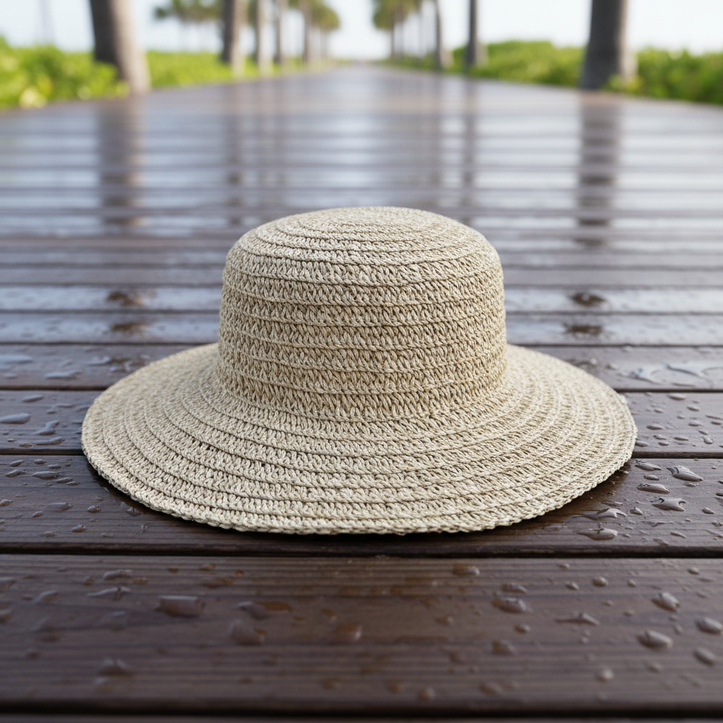 Packable sun hat on wet boardwalk, ocean mist in background, light natural weave