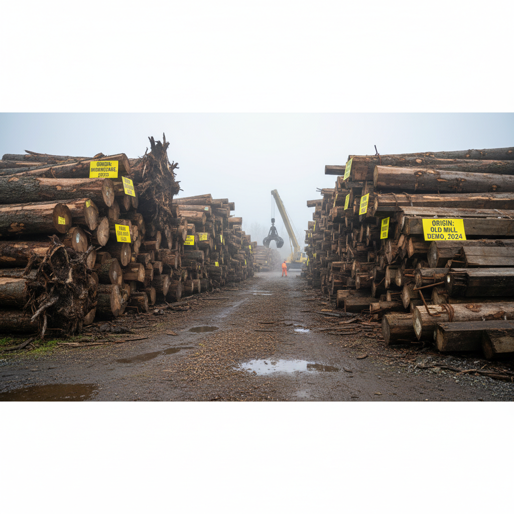 Raw storm-felled oak logs and demolition beams stacked in the intake yard, tagged with origin labels, shot from human eye level on a cool morning