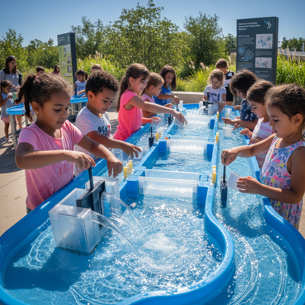Children playing at an interactive water table engineering exhibit with dams and channels