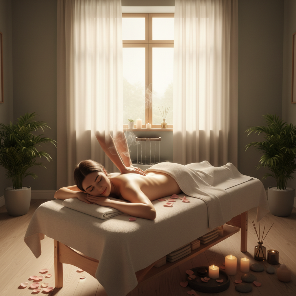 Serene spa therapy room with massage table and natural honey products