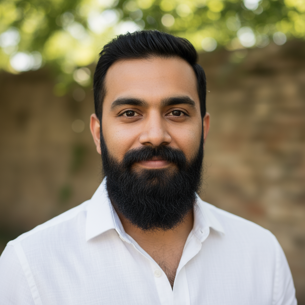 Casual portrait of Indian man with beard wearing grey t-shirt outdoors with natural lighting