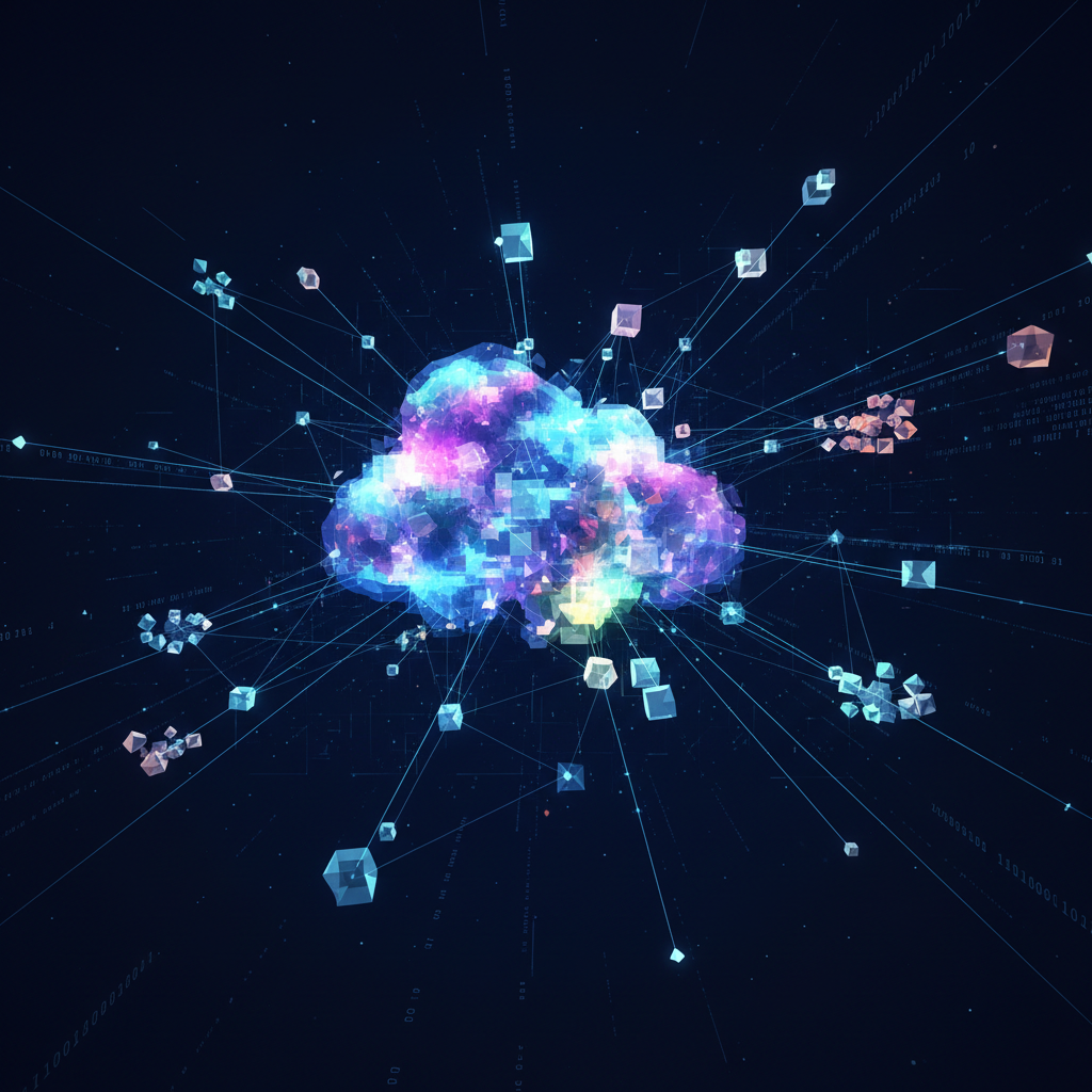 Abstract cloud computing visualization with glowing nodes and connection lines on dark blue background