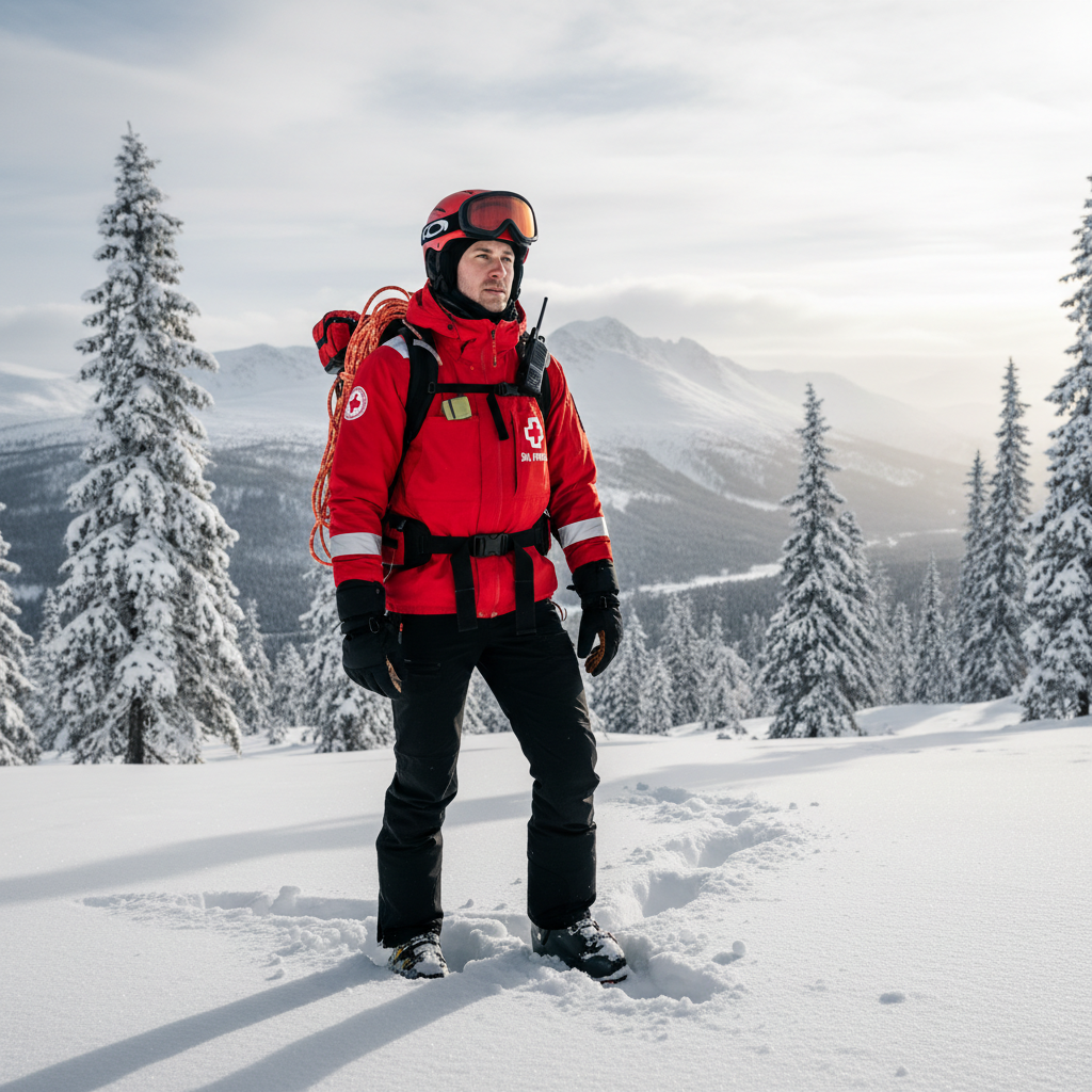 Lars Eriksson, ski patrol from Åre Sweden, in red patrol jacket on snowy slope
