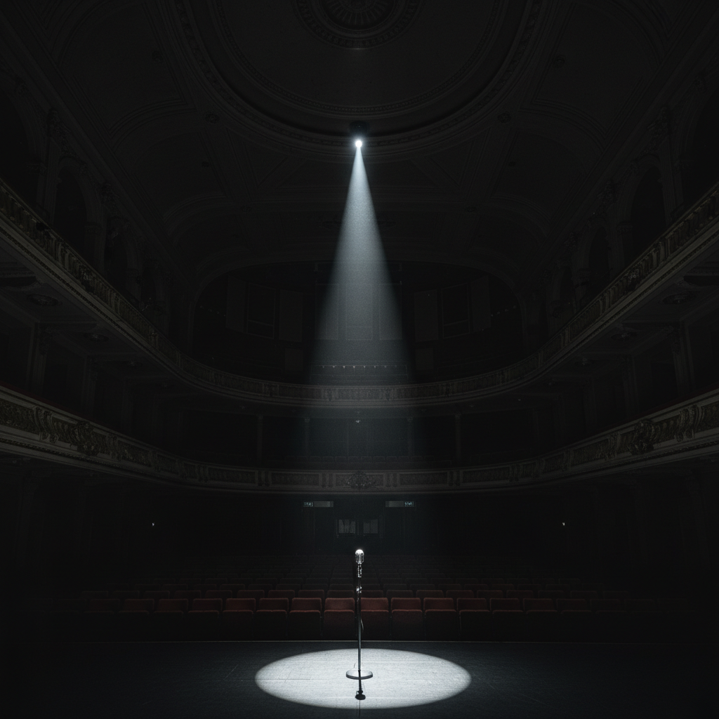 Concert hall stage with dramatic lighting, dark moody atmosphere, deep shadows on ceiling, cinematic low-key environment