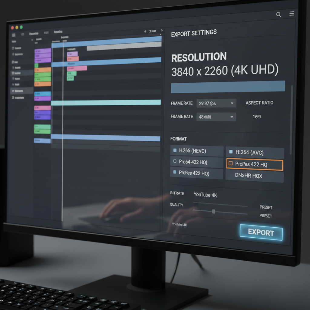 Professional video editing interface with dark theme and timeline