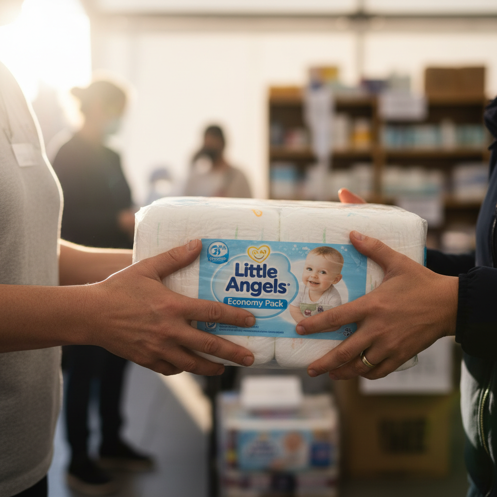 Volunteer hands passing a sealed bundle of diapers to a parent at a community center, waist-height shot in natural light