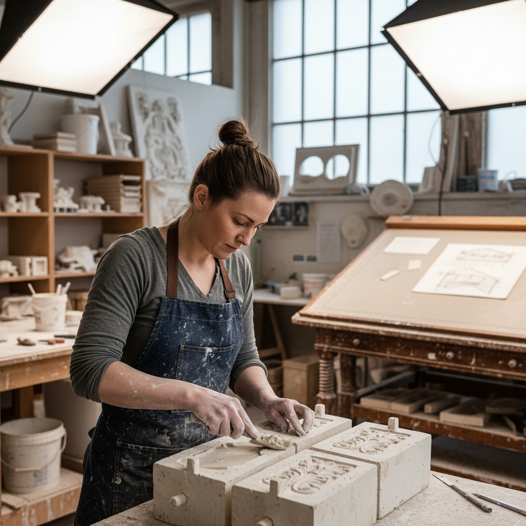 Sandra Obi, ornamental plaster specialist, working in casting studio