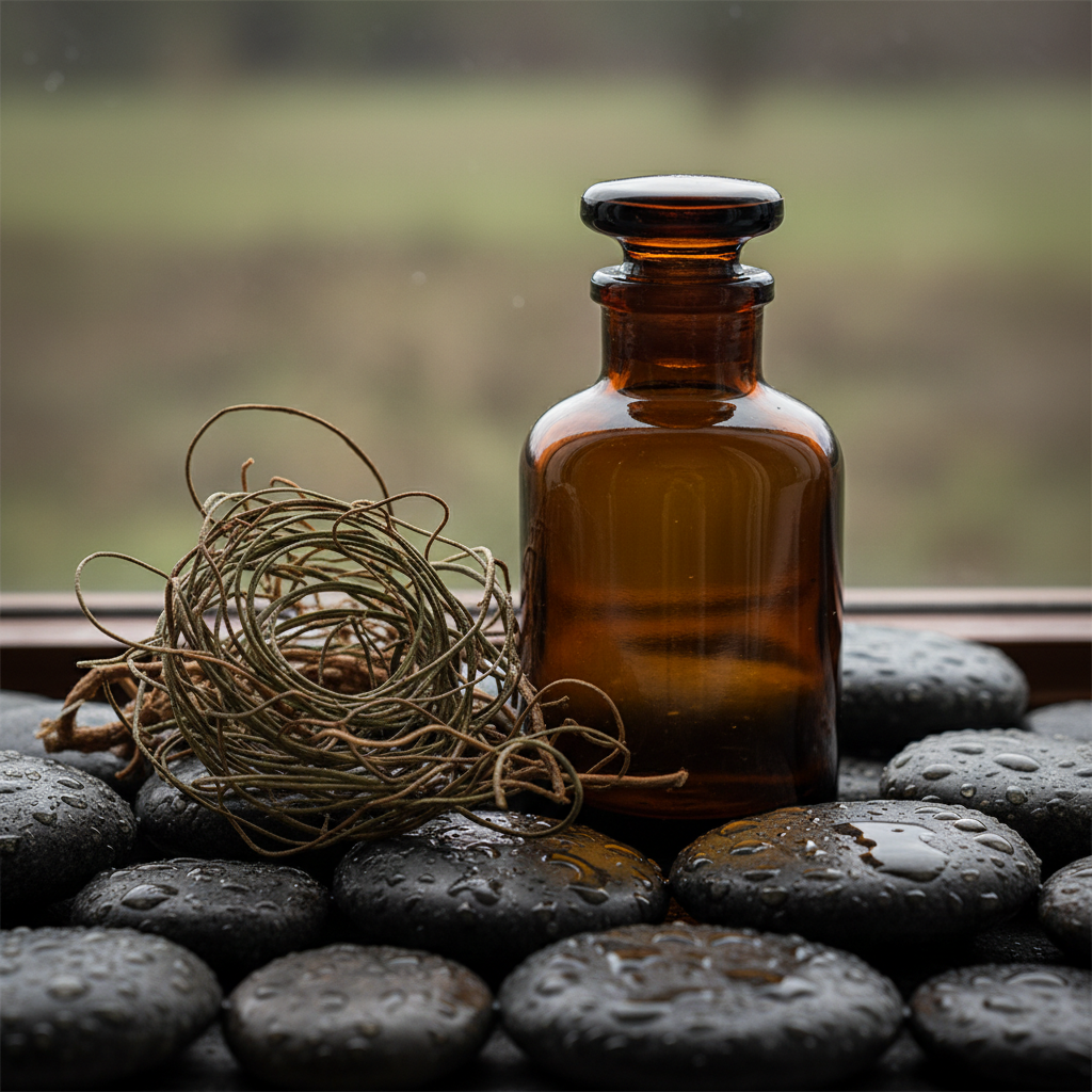 Dark charcoal perfume bottle with vetiver roots and leather texture background