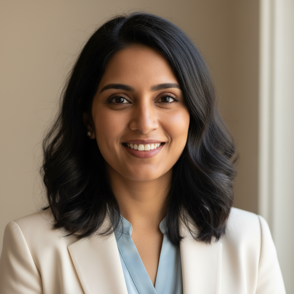Indian woman with shoulder-length hair wearing elegant black top with gentle smile