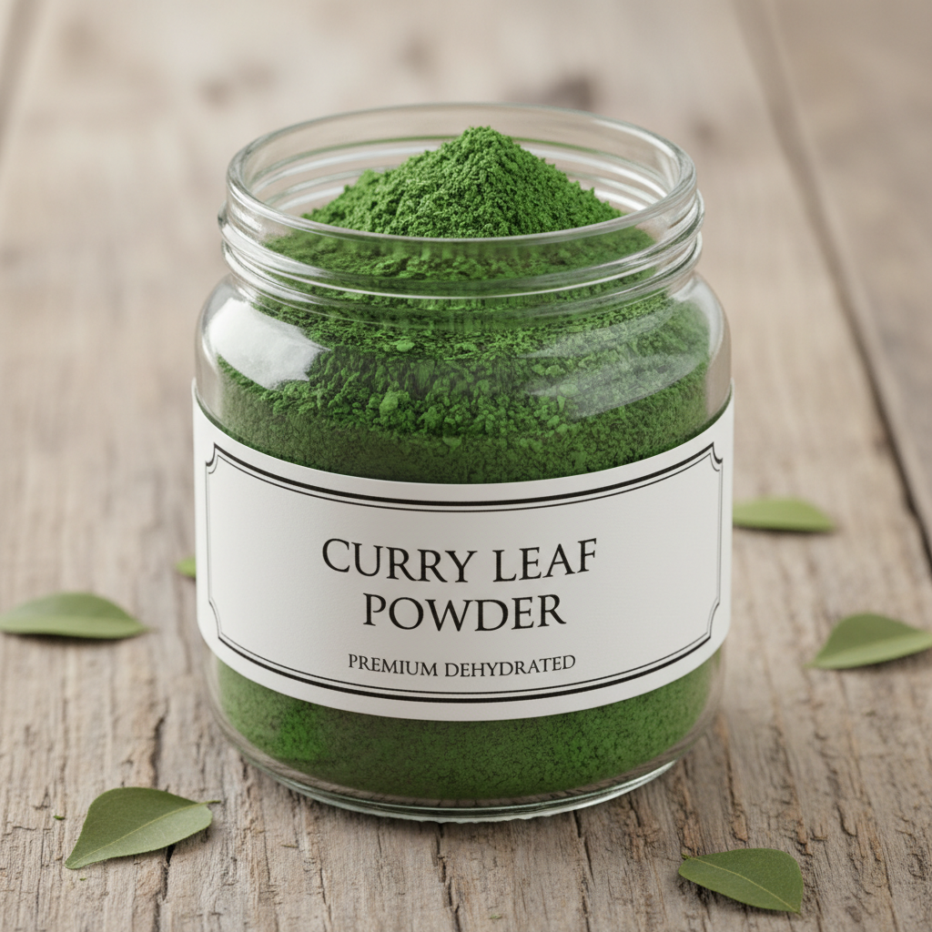 Dark green curry leaf powder in a small bowl with fresh curry leaves on dark stone