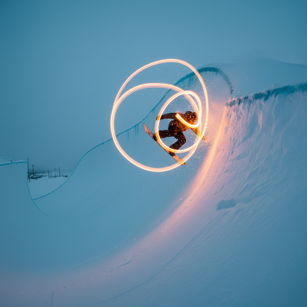 Snowboarder carving through the halfpipe with amber light trails