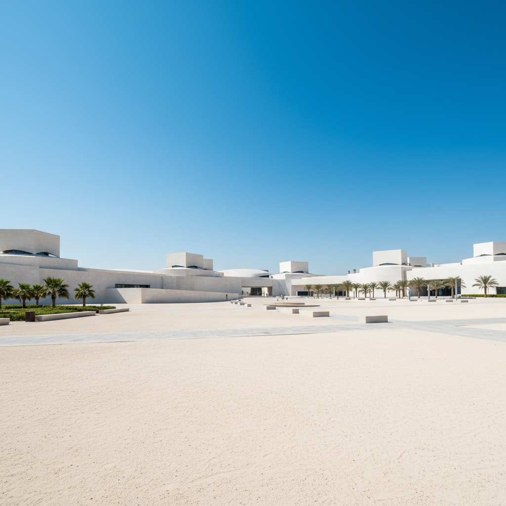 Saadiyat Island cultural district, bright blue sky, white museum architecture, open sandy plaza, airy daytime UAE landmark