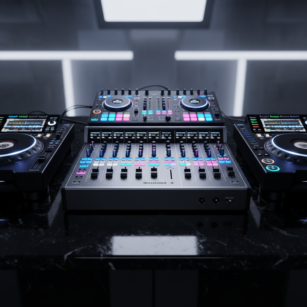 Professional DJ sound system with large subwoofers and speaker stacks, dim atmospheric lighting, black equipment, bass-heavy setup