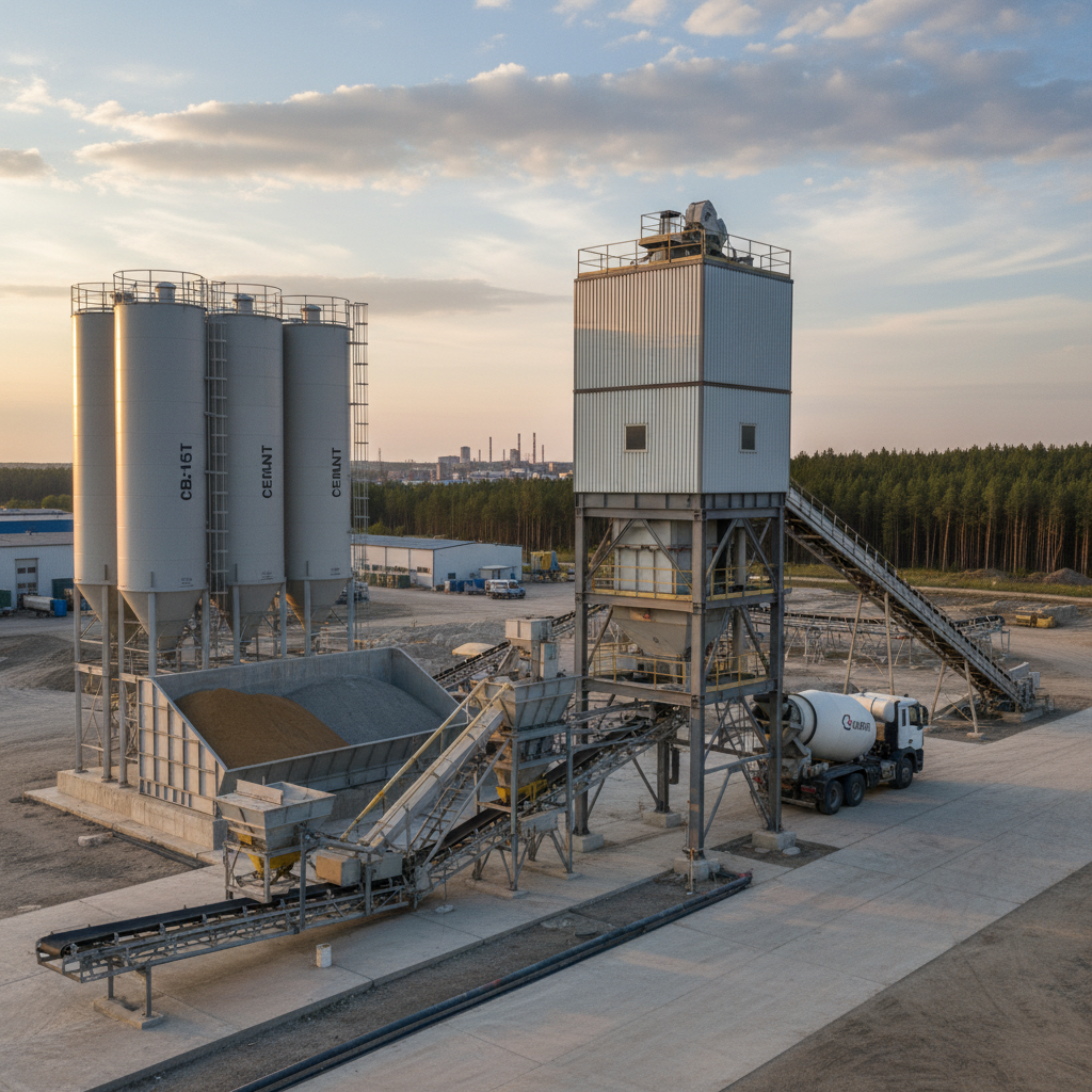 Large industrial concrete batching plant with multiple silos and conveyor systems in operation