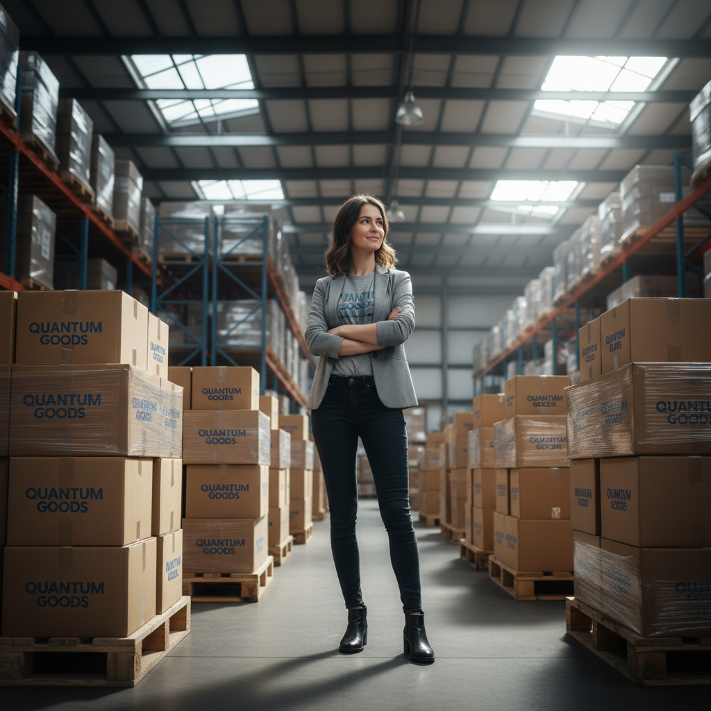 Young business founder standing beside pallets of boxed inventory in a warehouse