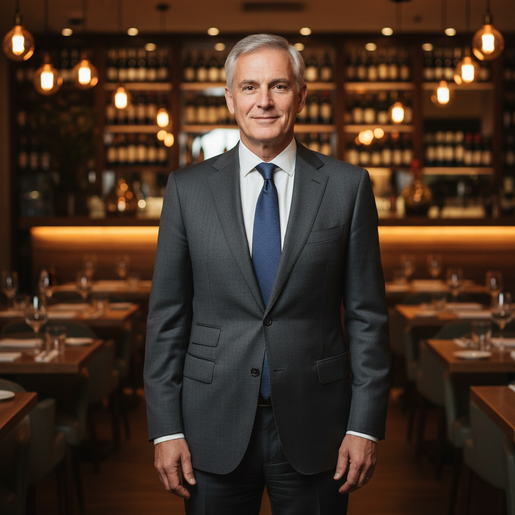 Marcus Delacroix, restaurant proprietor in professional attire