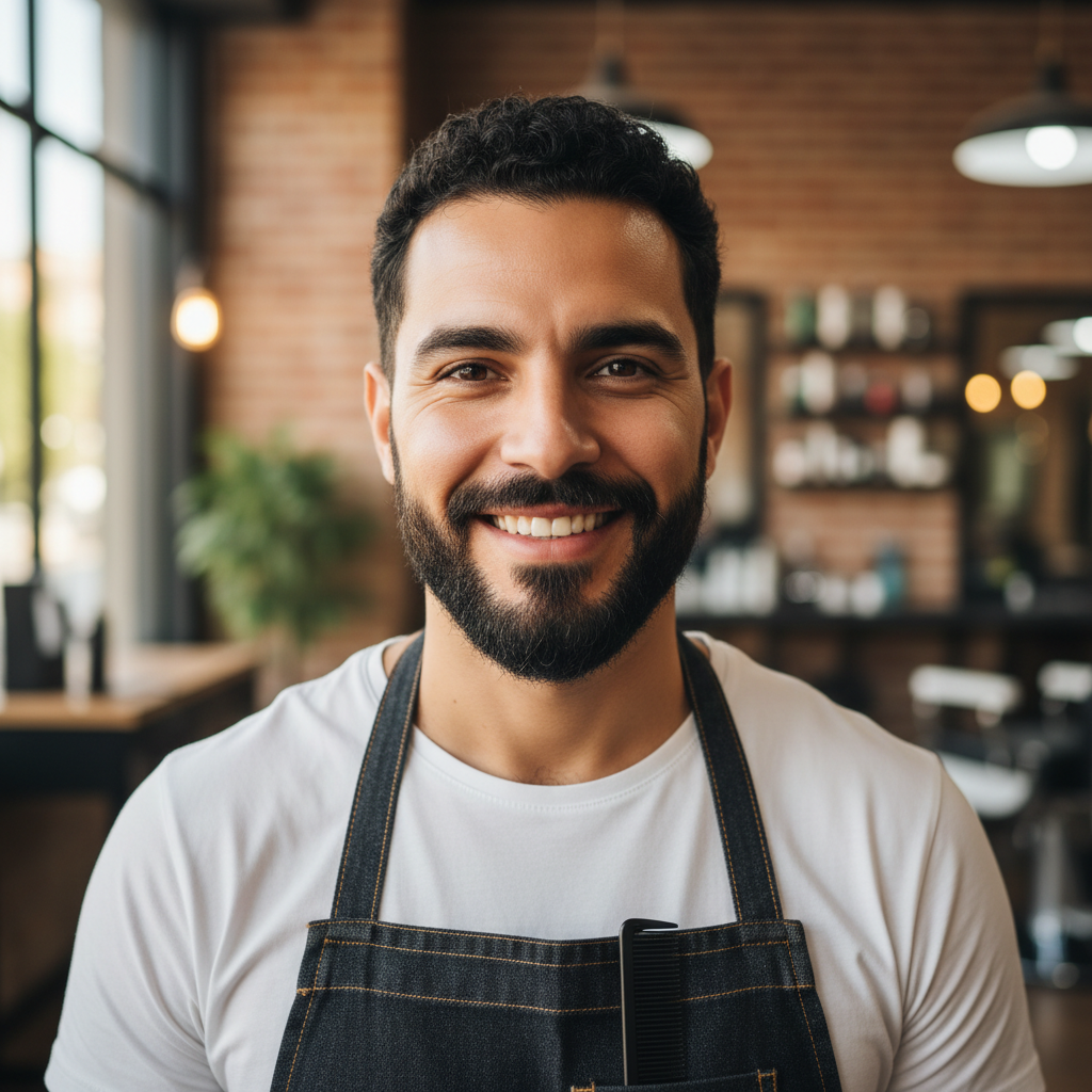 Professional Latino male makeup artist in dark clothing against neutral background confident expression