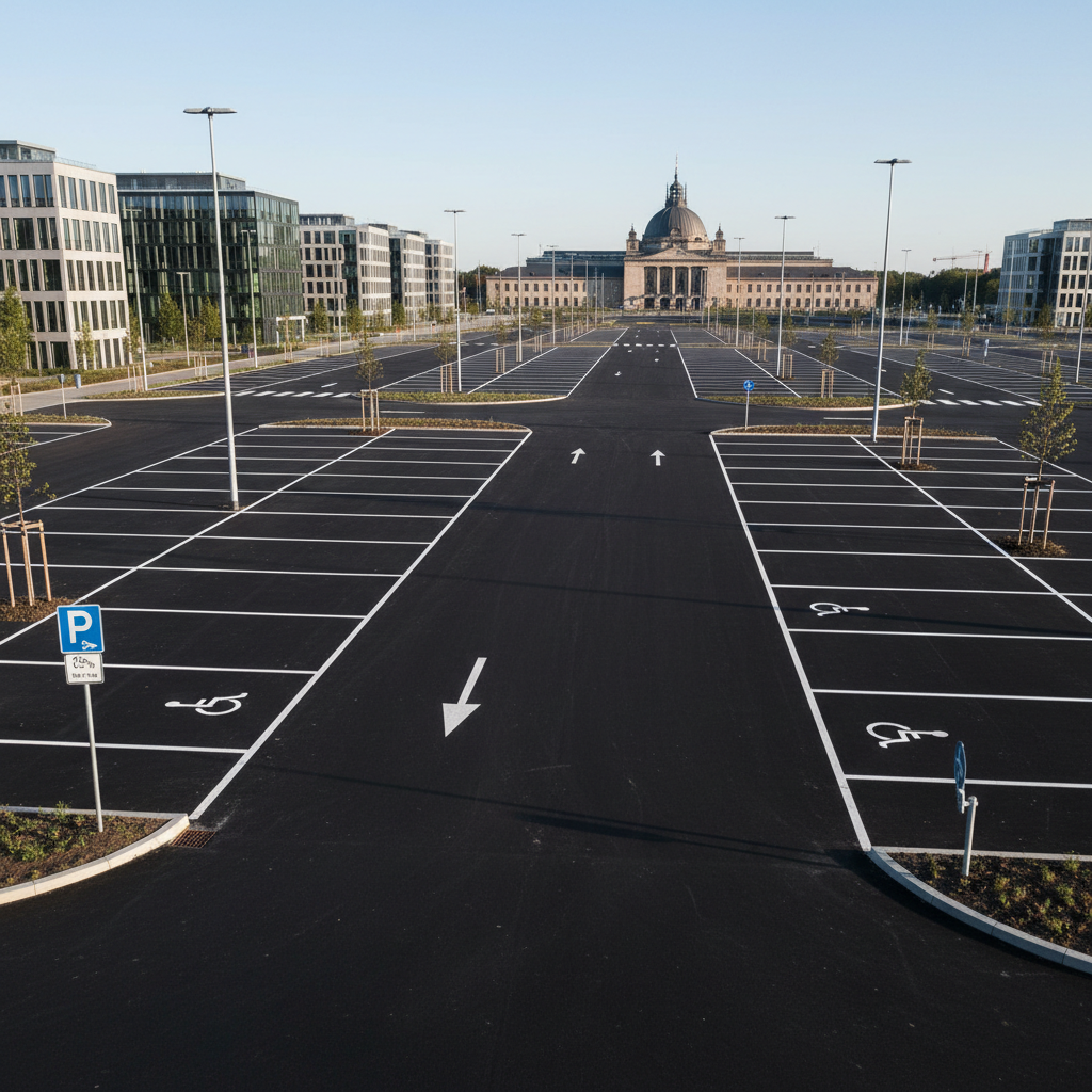 Neuer gewerblicher Parkplatz in Berlin-Tempelhof, weiße Markierungen, leeres Areal, frischer Asphalt
