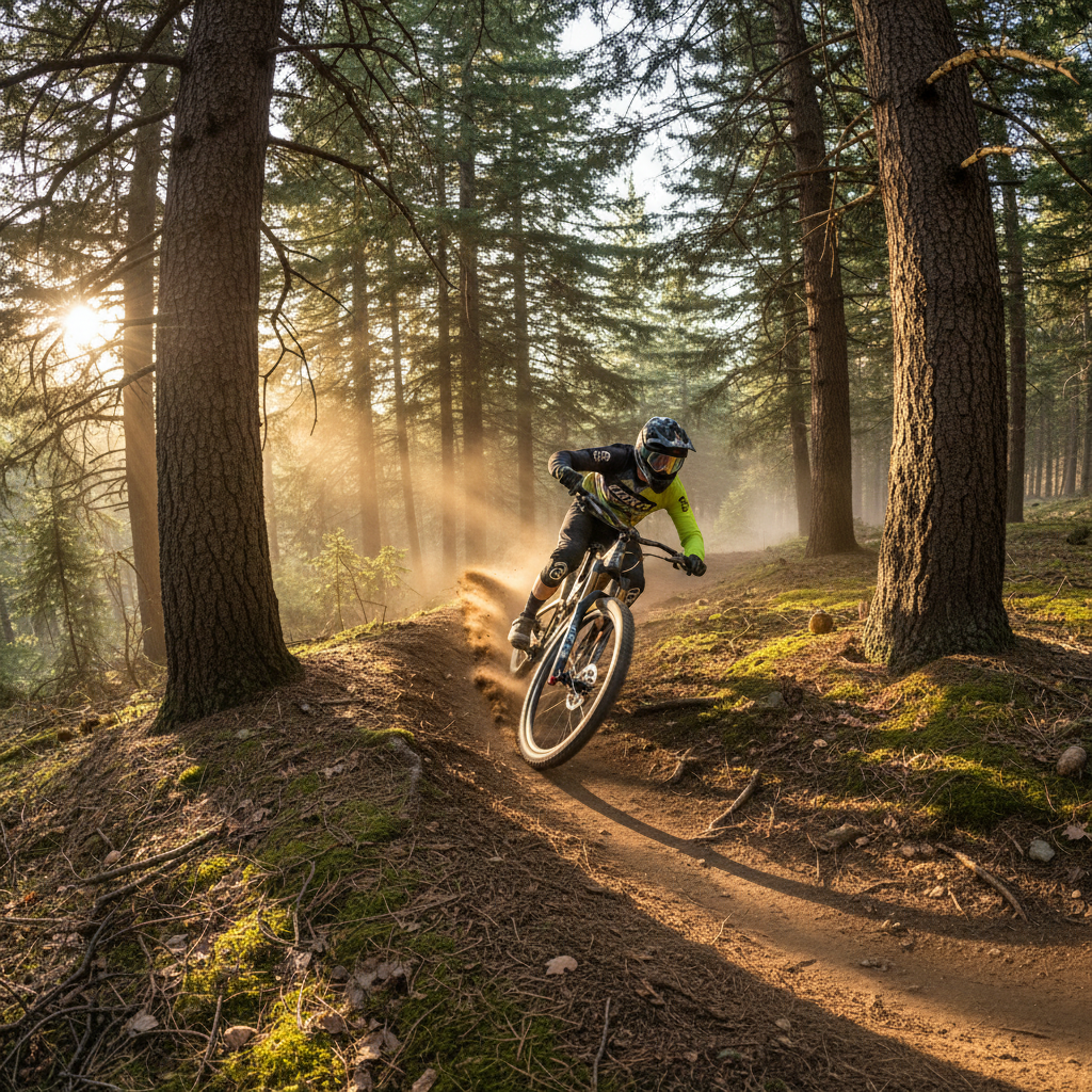 GoPro perspective mountain bike mid-descent, trail rushing toward camera through pine forest