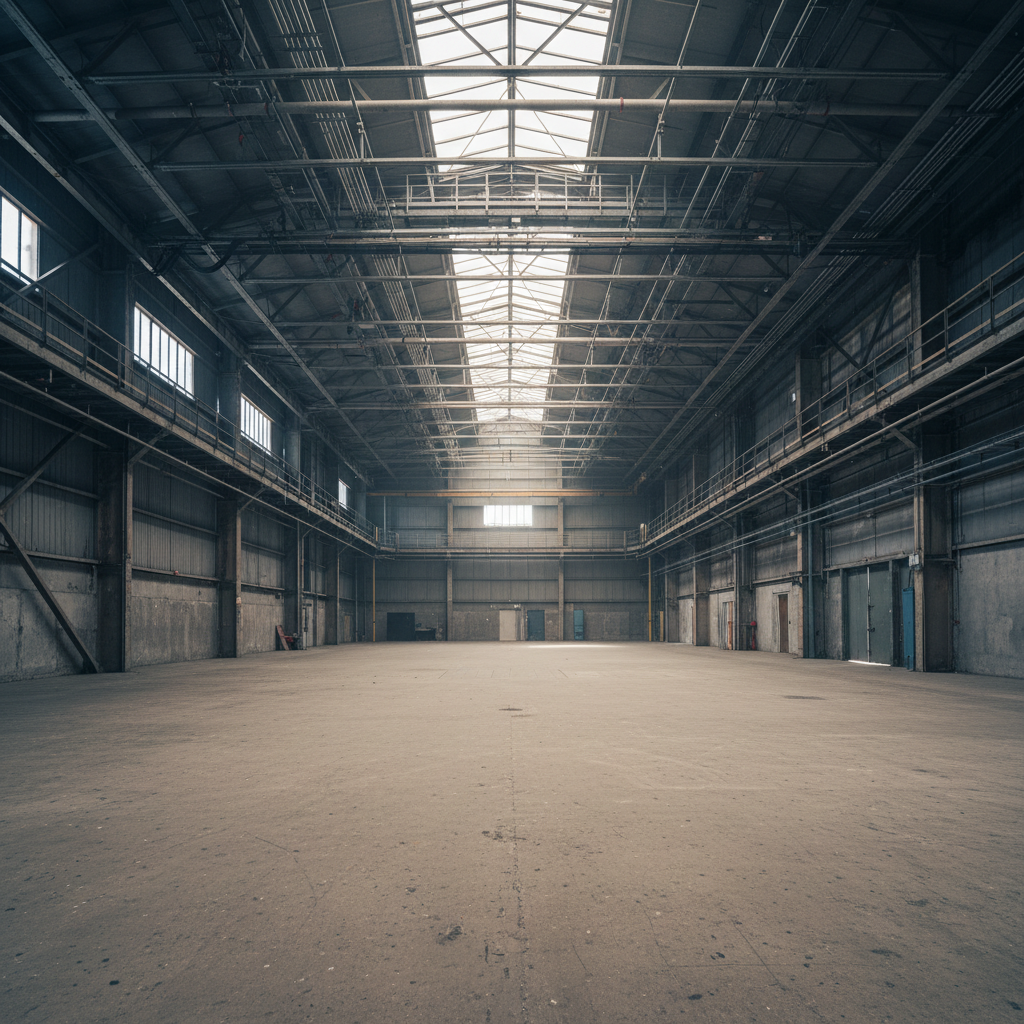 Empty film soundstage with bare concrete floor and rigging grid above, awaiting set construction
