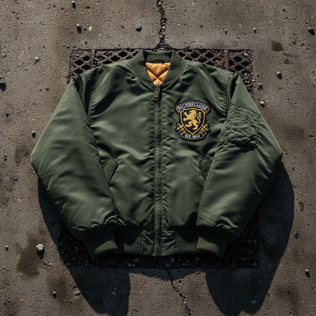 Black utility bomber jacket with multiple pockets on model against concrete
