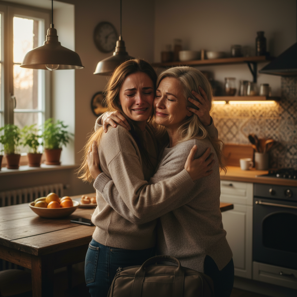 Woman flying in from out of town, hugging her mother in the kitchen, both in tears, warm kitchen light